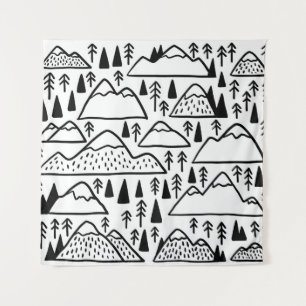 Hand-Drawn Vintage Mountains and Trees. Tapestry