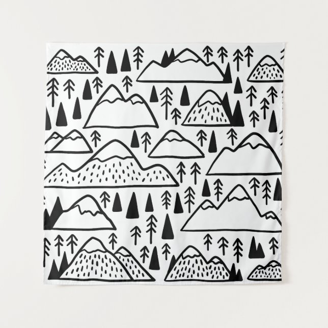 Hand-Drawn Vintage Mountains and Trees. Tapestry (Front)