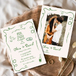 Hand Drawn Vintage Photo Green Whimsical Wedding Invitation<br><div class="desc">Set the tone for a timeless celebration with this Hand-Drawn Vintage French Whimsical Wedding Invitation. Featuring intricate, artistic floral illustrations and a romantic vintage-inspired font, this design exudes elegance and charm. Its whimsical elements blend perfectly with French countryside aesthetics, creating a sophisticated invitation for couples seeking a touch of old-world...</div>