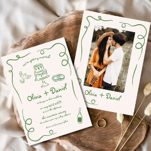 Hand Drawn Vintage Photo Green Whimsical Wedding Invitation