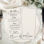 Hand Drawn Vintage Whimsical Wedding Menu<br><div class="desc">Hand Drawn French Whimsical Wedding Dinner Menu. This charming wedding menu card features a playful yet elegant design set against an ivory or off-white background for a soft vintage look. A hand-drawn place setting illustration sits at the top, while a champagne bottle with a glass at the bottom is accented...</div>