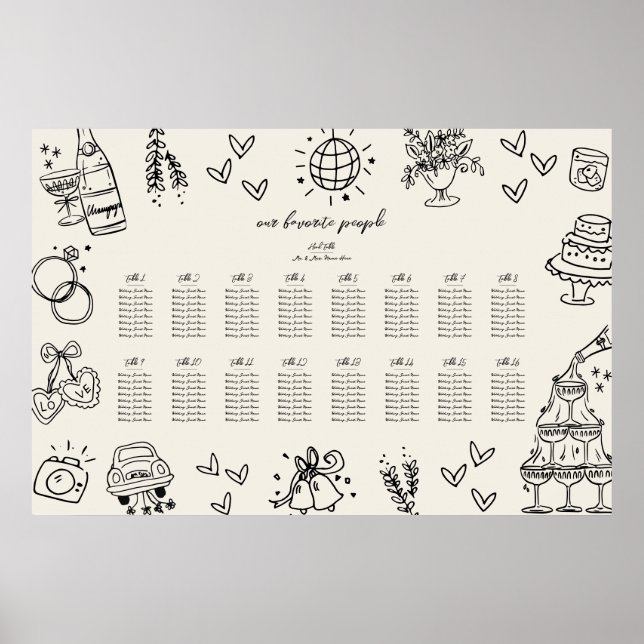 Hand Drawn Vintage Whimsical Wedding Seating Chart (Front)