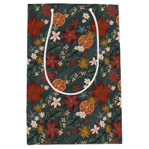 Hand Drawn Vintage Winter Florals Dark Green Medium Gift Bag