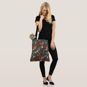 Hand Drawn Vintage Winter Florals Dark Green Tote Bag