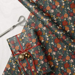 Hand Drawn Vintage Winter Florals Dark Green Wrapping Paper