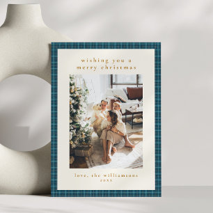 Hand Drawn Warm Blue Plaid Family Christmas Photo Holiday Card