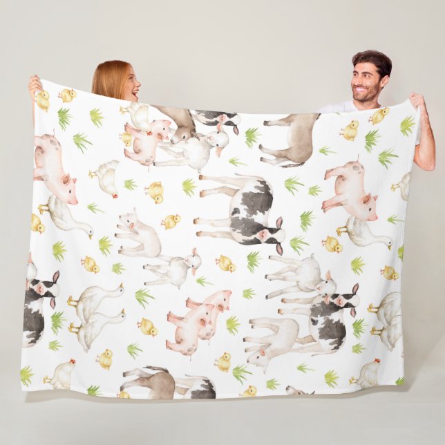 Hand drawn watercolor animals on the farm fleece blanket (In Situ)