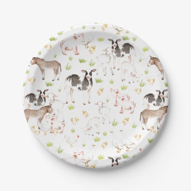 Hand drawn watercolor animals on the farm paper plate (Front)