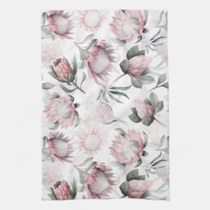 Hand drawn watercolor blush protea flower pattern tea towel