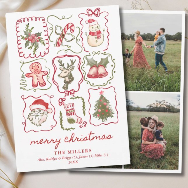 Hand Drawn Watercolor Doodle Christmas 3 Photo Holiday Card (Hand Drawn Watercolor Doodle Christmas 3 Photo Holiday Card
)
