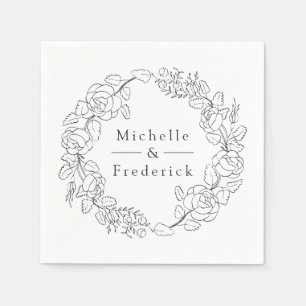 Hand Drawn Watercolor Fine Line Floral Wedding Napkin