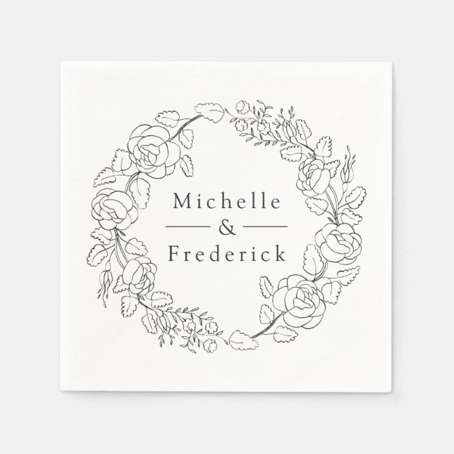 Hand Drawn Watercolor Fine Line Floral Wedding Napkin (Front)