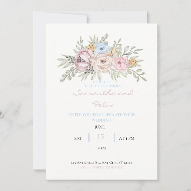 Hand Drawn Watercolor Floral Wedding Invitation (Front)