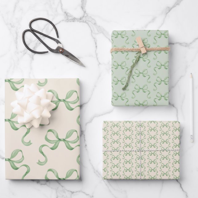 Hand Drawn Watercolor Green Bows Wrapping Paper (Front)