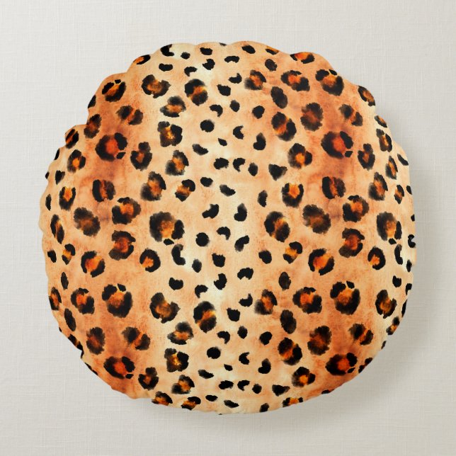 Hand drawn watercolor leopard pattern. Exotic fur  Round Cushion (Front)