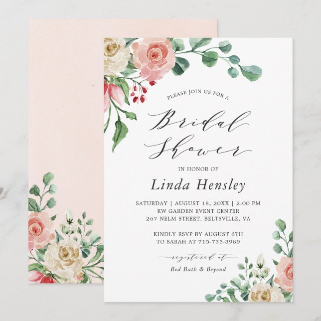 Hand Drawn Watercolor Rose Floral Bridal Shower Invitation (Front/Back)