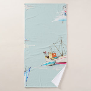 hand drawn watercolor sailboat illustrationsailboa bath towel