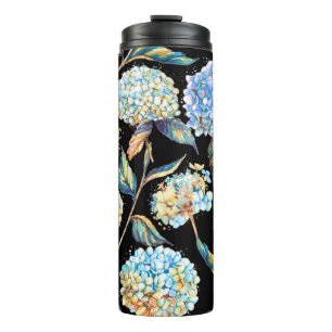 Hand-drawn watercolor seamless pattern with white thermal tumbler