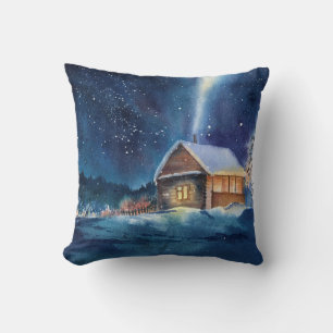 Hand drawn watercolor winter landscape cushion