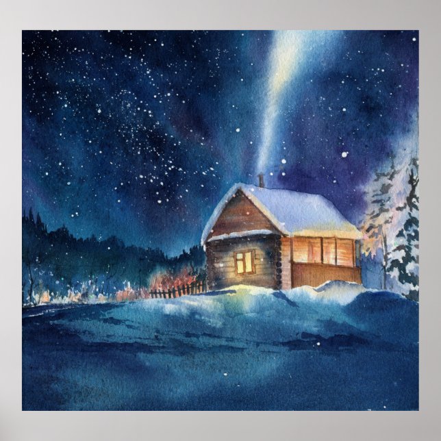 Hand drawn watercolor winter landscape poster (Front)