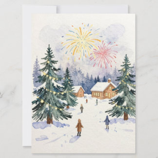 Hand-Drawn Watercolor Winter Village Celebration  Holiday Card