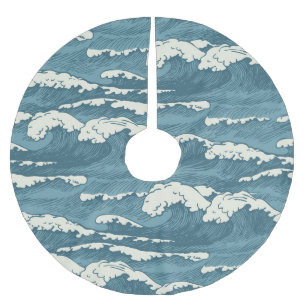 Hand-Drawn Waves Retro Vintage Pattern Brushed Polyester Tree Skirt