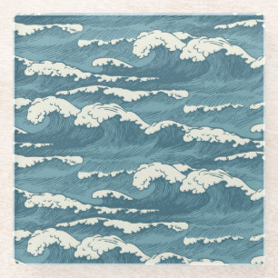 Hand-Drawn Waves Retro Vintage Pattern Glass Coaster