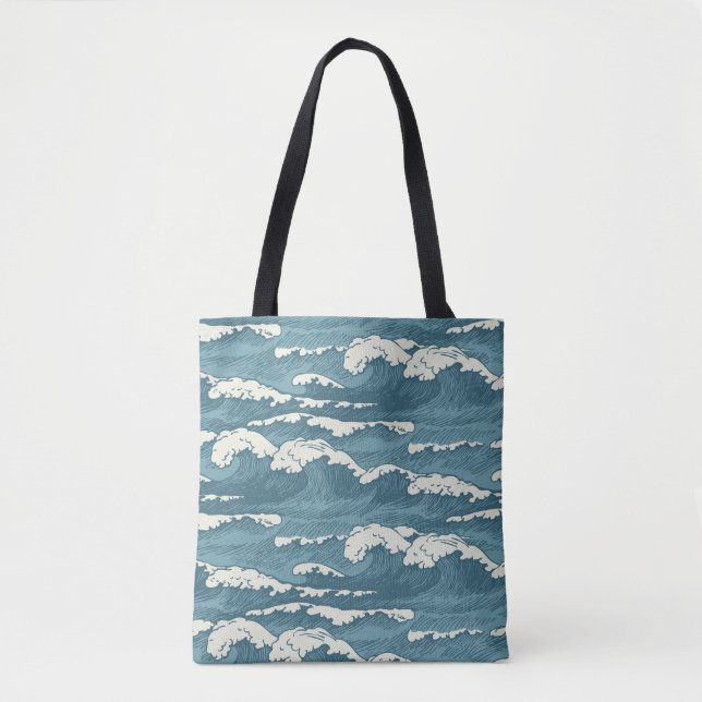 Hand-Drawn Waves Retro Vintage Pattern Tote Bag (Front)