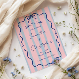 Hand drawn Wavy Blue Bow Pink Stripe Wedding Save The Date