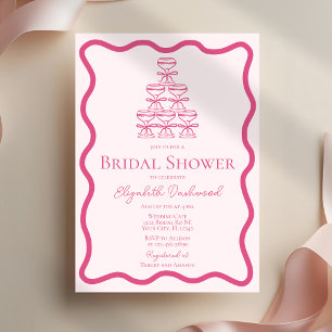 Hand Drawn Wavy Frame Retro Pink Bow Bridal Shower Invitation
