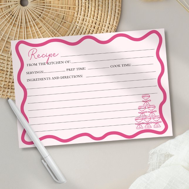 Hand Drawn Wavy Frame Retro Pink Bow Recipe Card (Creator Uploaded)