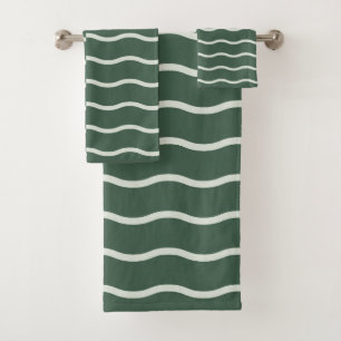 Hand-Drawn Wavy Ticking Stripe   Deep Forest Bath Towel Set