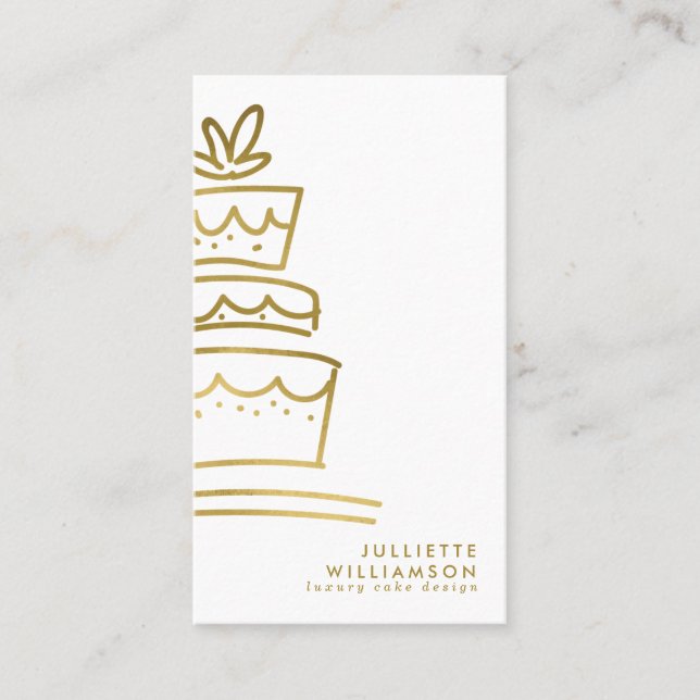 Hand Drawn Wedding Cake Gold & White Business Card (Front)
