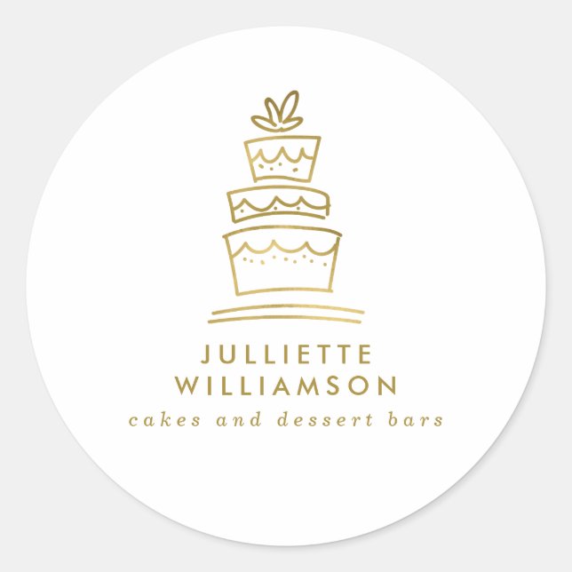 Hand Drawn Wedding Cake White & Gold Classic Round Sticker (Front)