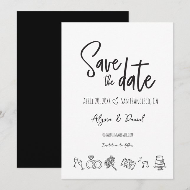 Hand drawn Wedding Chic Black White Save the date (Front/Back)