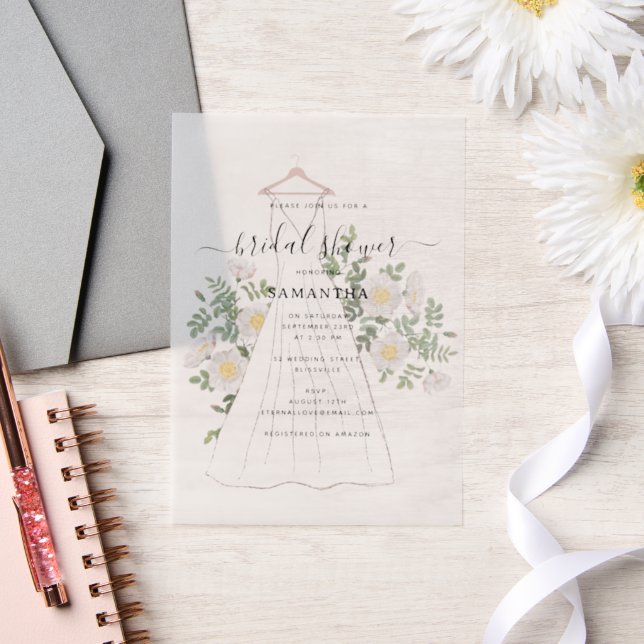 Hand Drawn Wedding Dress Floral Bridal Shower Vellum Invitations (Wedding)