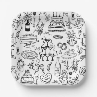 hand drawn wedding marriage champagne fountain paper plate