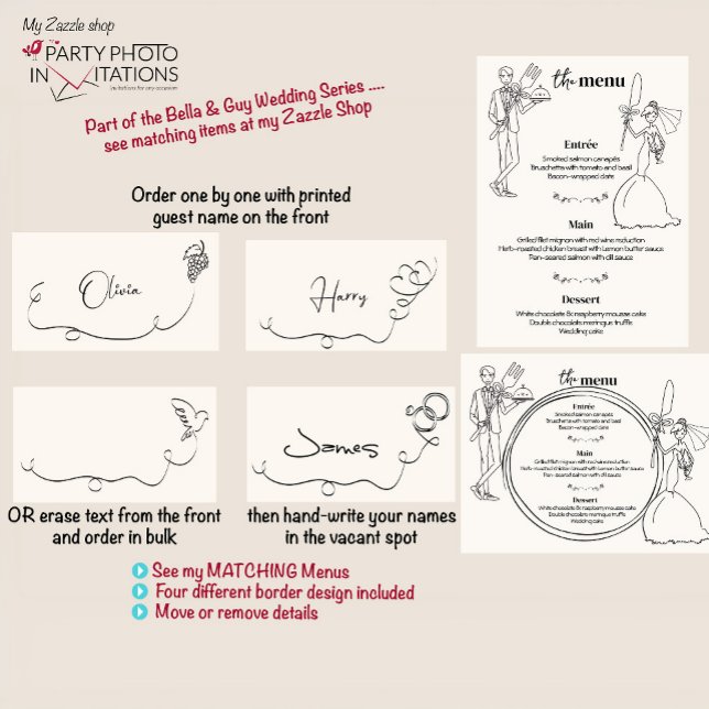 hand drawn wedding place card (Bella & Guy hand drawn series menu place cards)