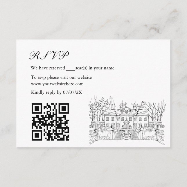 Hand Drawn Wedding Venue Mansion Illustration RSVP Enclosure Card (Front)