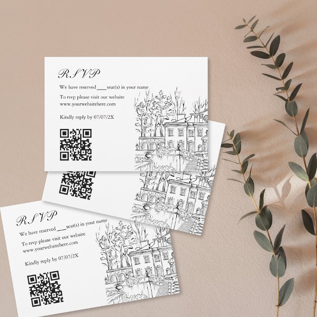 Hand Drawn Wedding Venue Mansion Illustration RSVP Enclosure Card (Creator Uploaded)