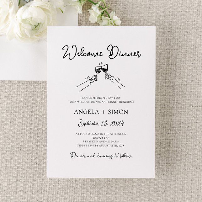Hand drawn Welcome Dinner Invitation (weding welcome dinner invitation, rehearsal dinner invite illustrated, hand drawn hand written)