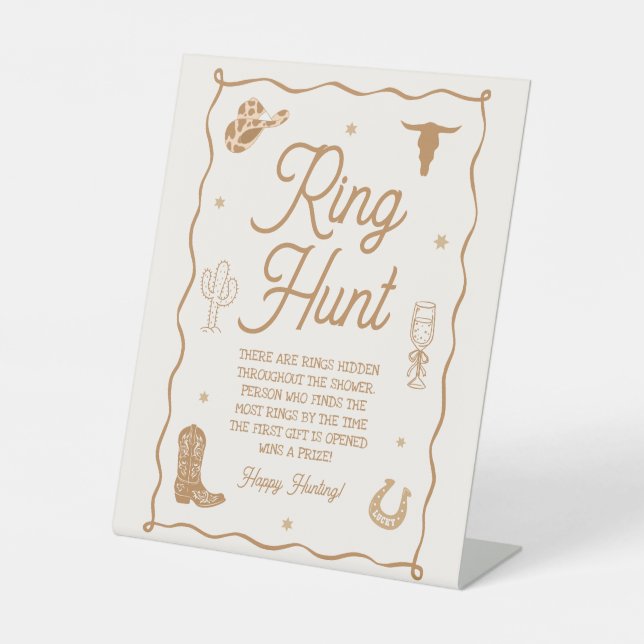 Hand Drawn Western Bridal Shower Ring Hunt Game Pedestal Sign (Front)
