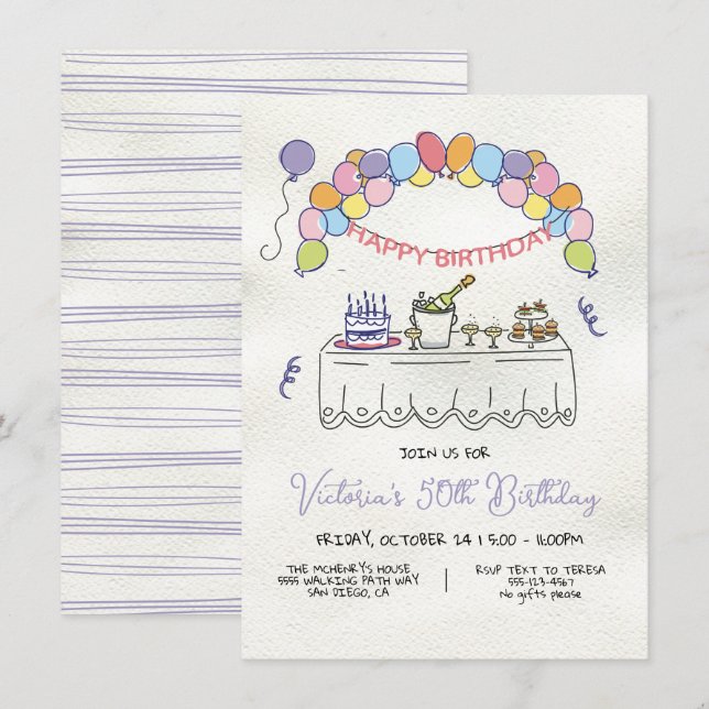 Hand Drawn Whimsical Adult Birthday Party Invitation (Front/Back)