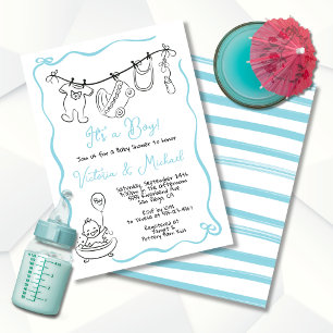 Hand drawn whimsical Baby Shower Clothesline Boy Invitation