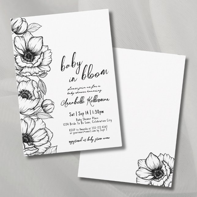 Hand Drawn Whimsical Baby Shower Invitation (Floral Hand Drawn Whimsical Baby Shower Invitation)