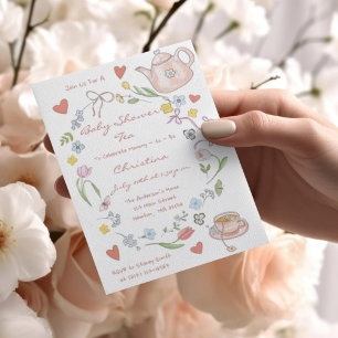 Hand Drawn Whimsical Baby Shower Tea Party Invite Postcard