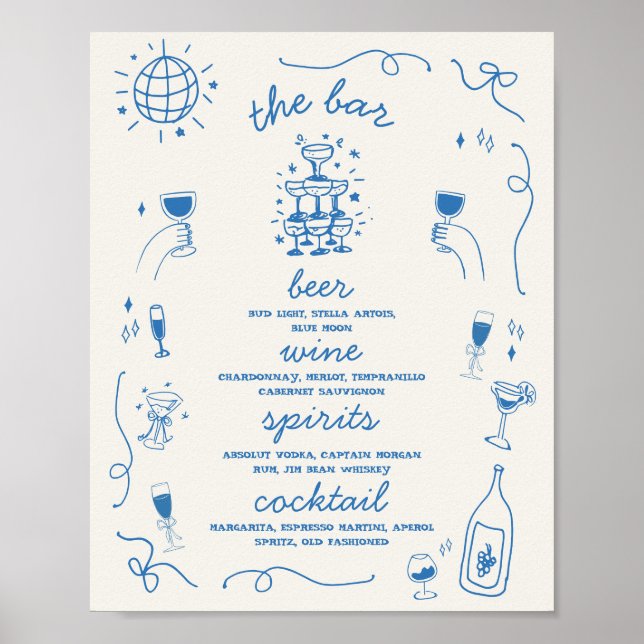 Hand Drawn Whimsical Bar Drink Menu Wedding Sign (Front)