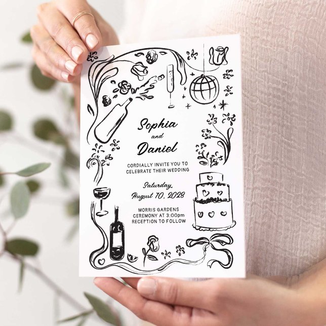 Hand Drawn Whimsical Black and Wedding Invitation (Creator Uploaded)