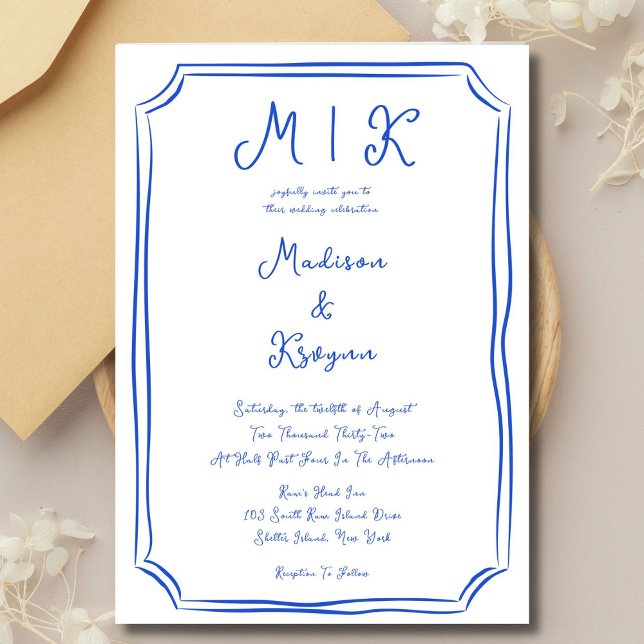 Hand Drawn Whimsical Blue French Wedding Invitation (Creator Uploaded)
