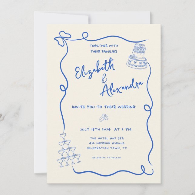 Hand Drawn Whimsical Blue Wedding Invitation (Front)